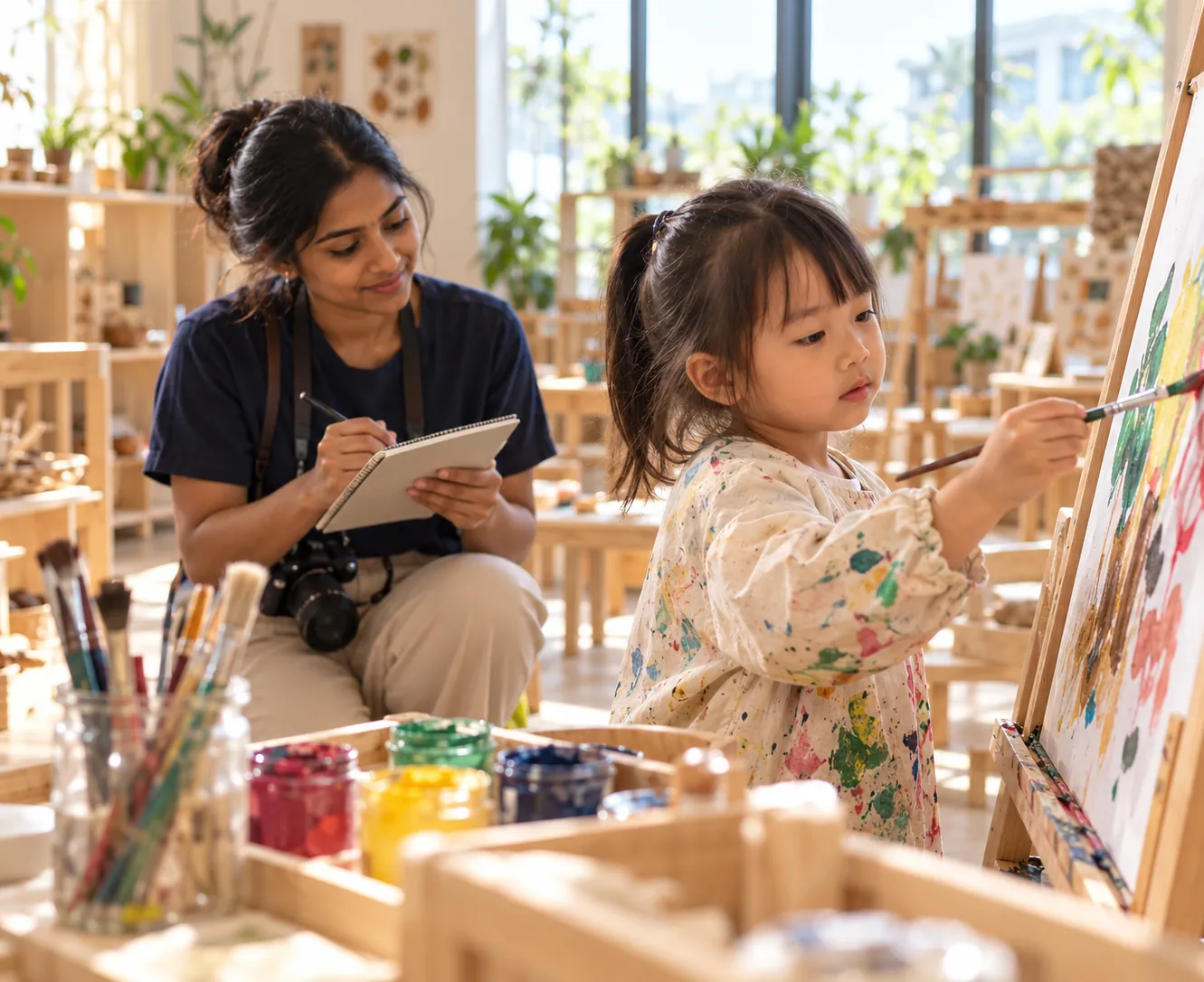 A child painting at an easel while her educator documents the moment