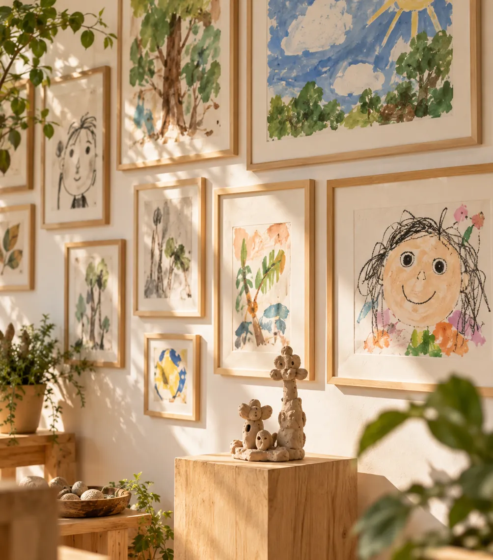 Children's artwork on a gallery wall