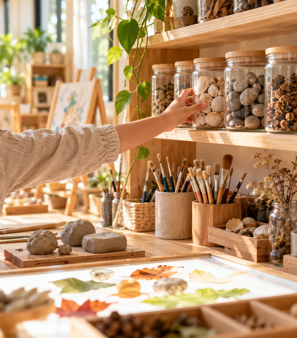 Glass jars of natural materials in the atelier