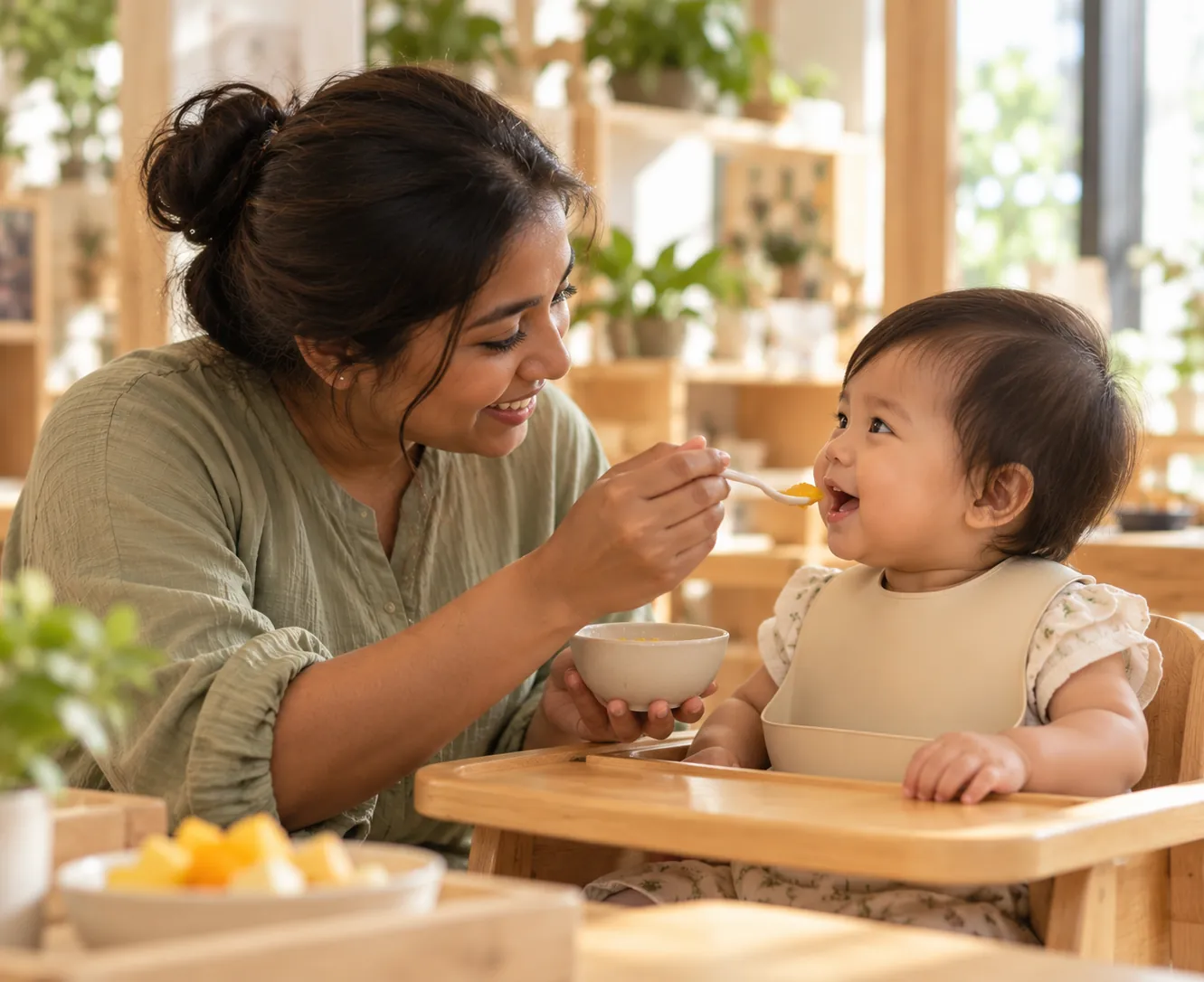 An educator spoon-feeding a baby with warm eye contact