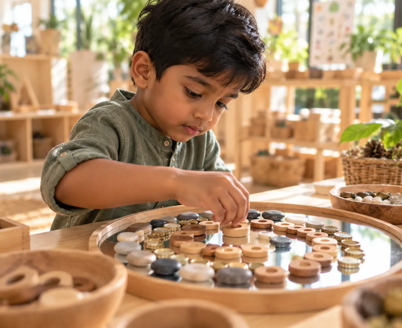 A boy concentrating as he arranges loose parts in a spiral on a mirror tray