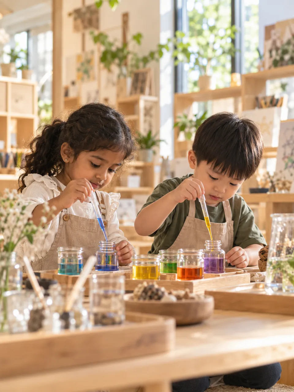 Two children mixing coloured water with pipettes
