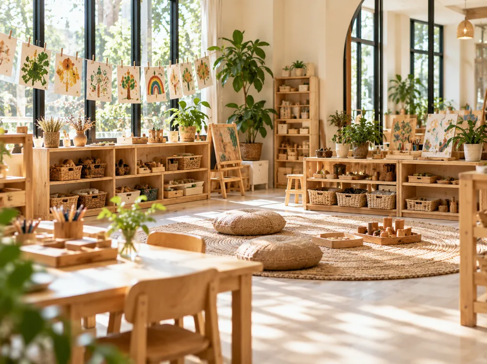 A calm Reggio-inspired classroom with low oak shelves
