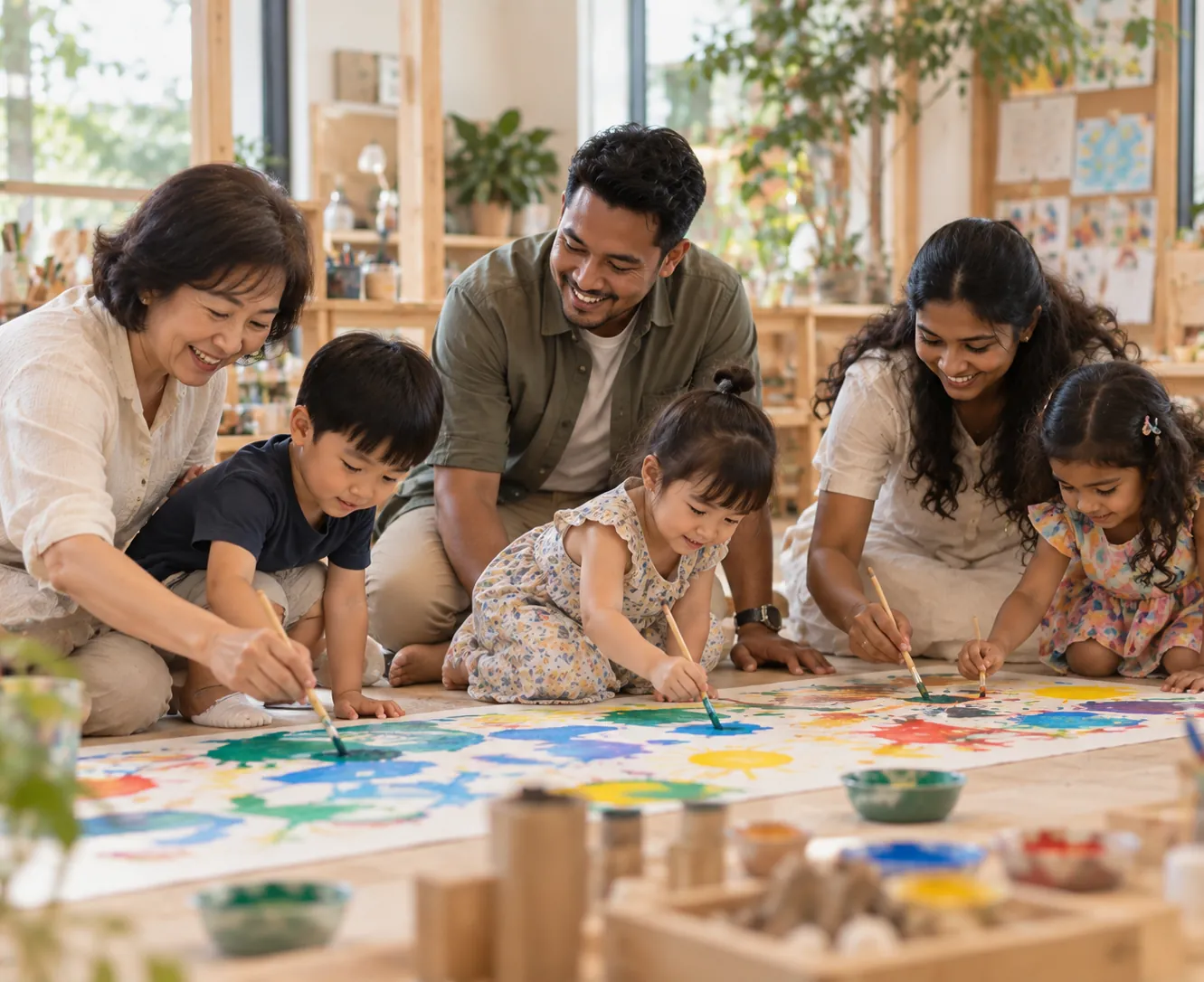 Families from different backgrounds painting a mural together