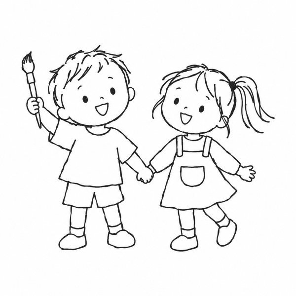 Line drawing of two children holding hands