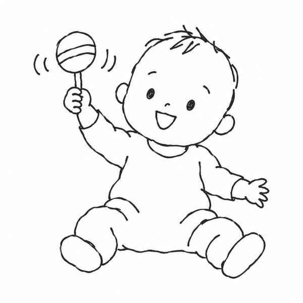 Line drawing of a baby with a rattle