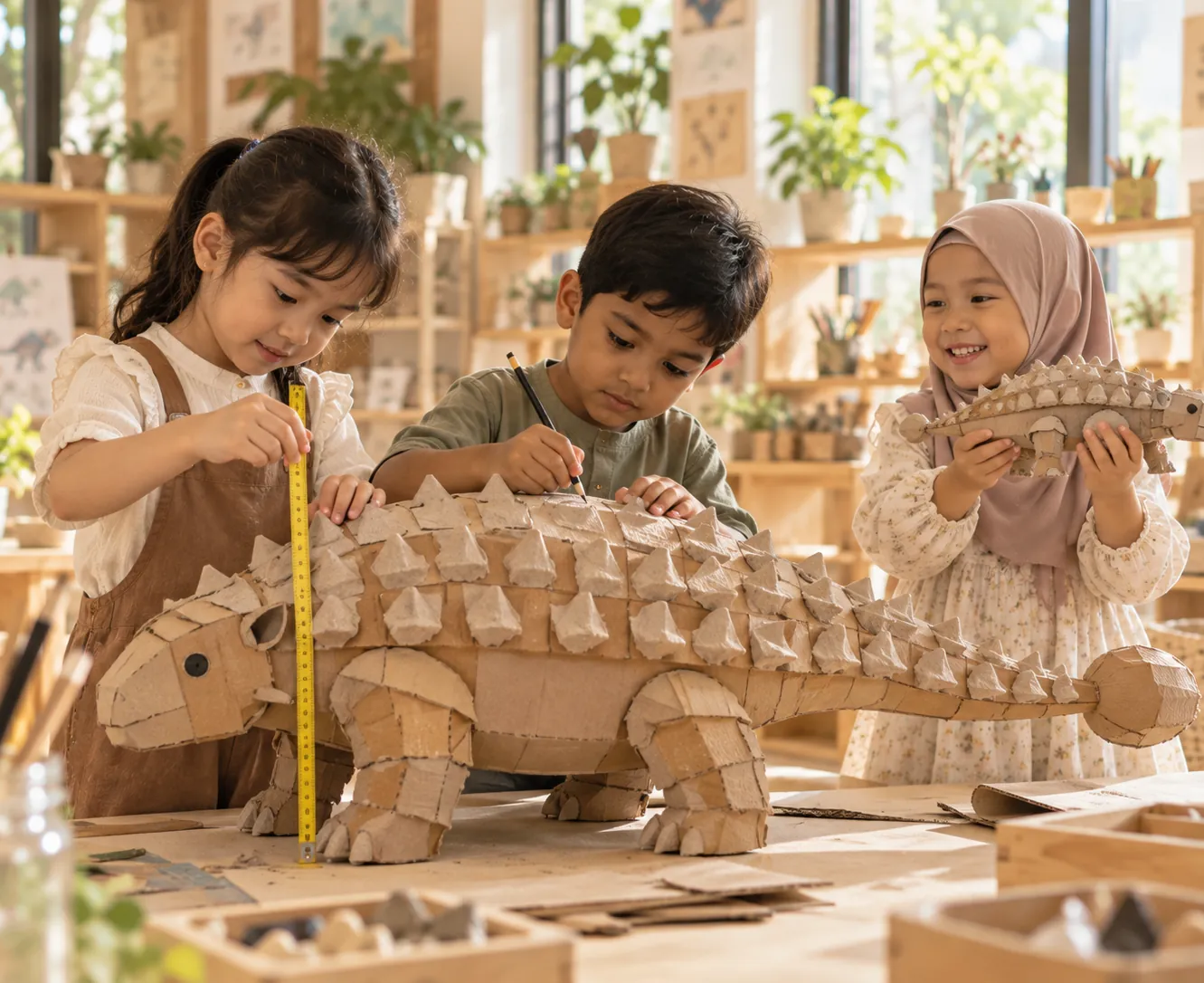 Children measuring a large cardboard dinosaur they built