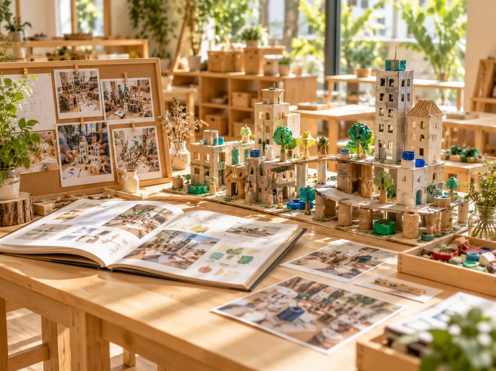 A documentation display with a model city