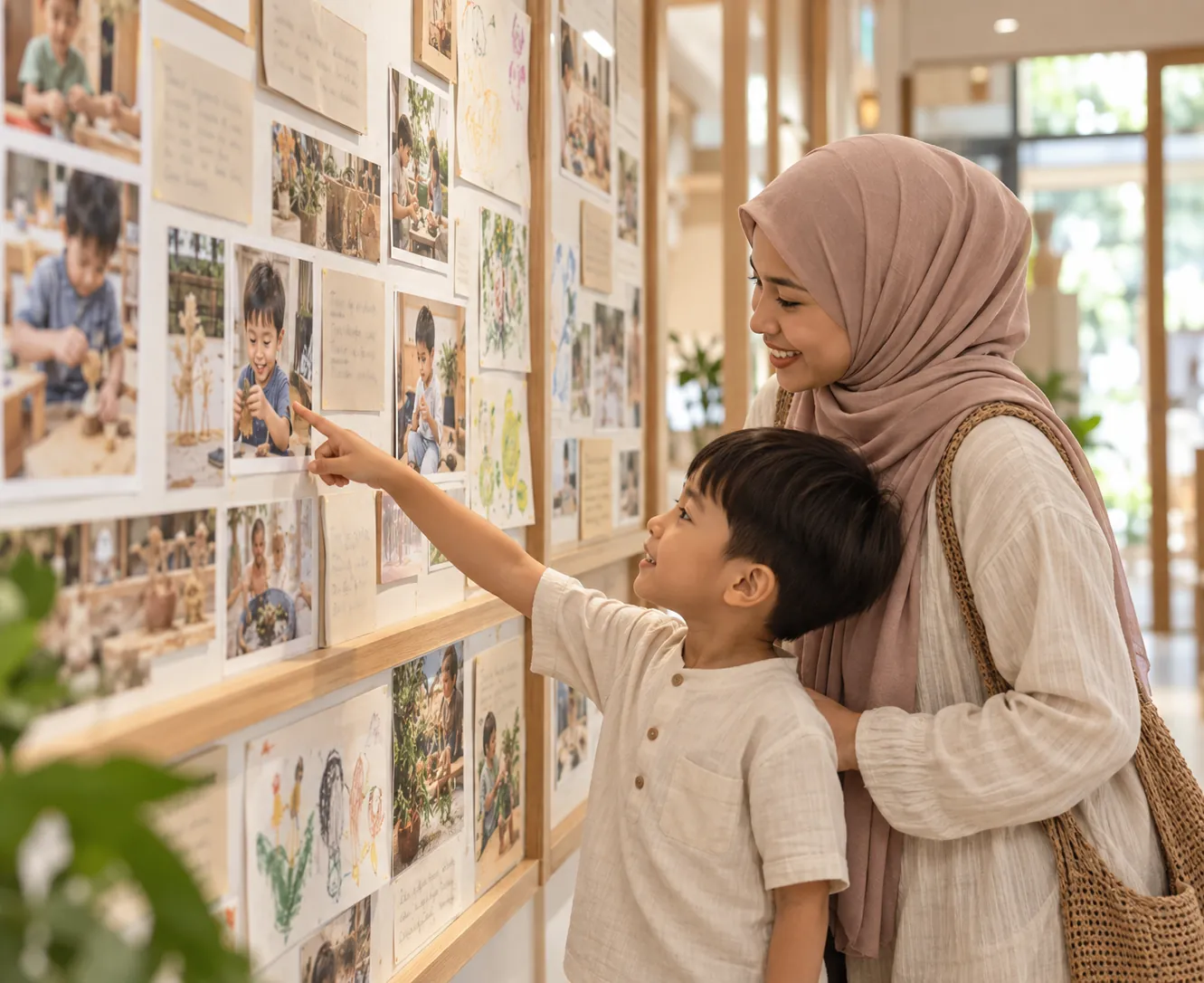 A mother and son reading a documentation wall of photographs and children's words