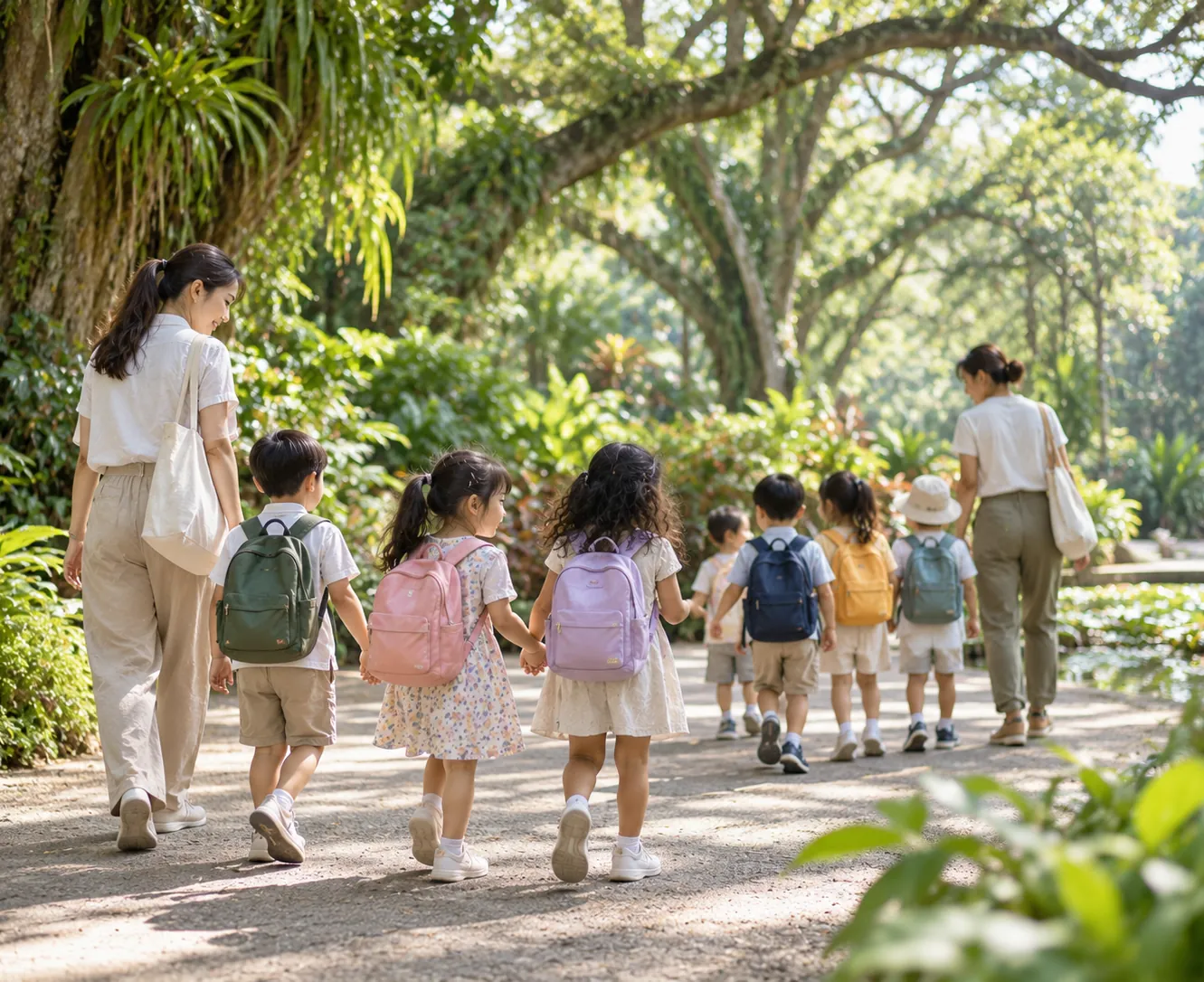 Children on an excursion through a botanic garden