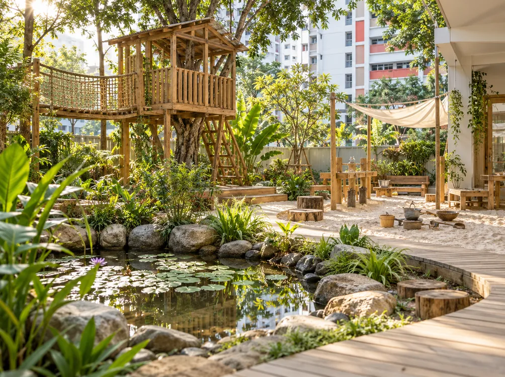 The garden with a tree house and pond