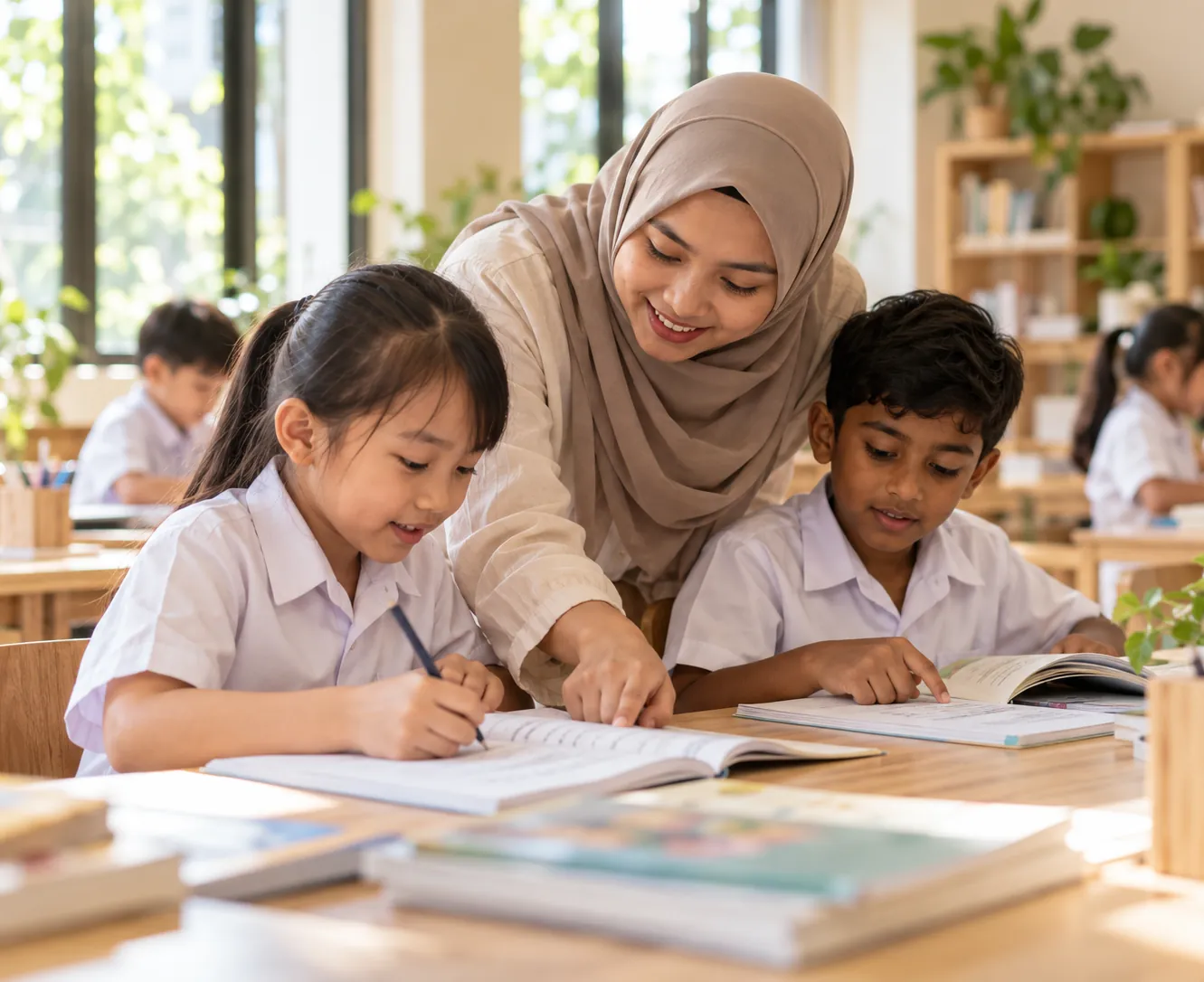Primary school children doing homework at long tables with an educator