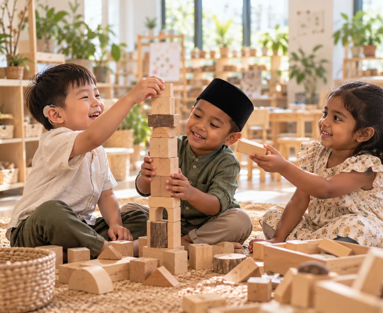 Three children building a block tower together, one wearing a hearing aid