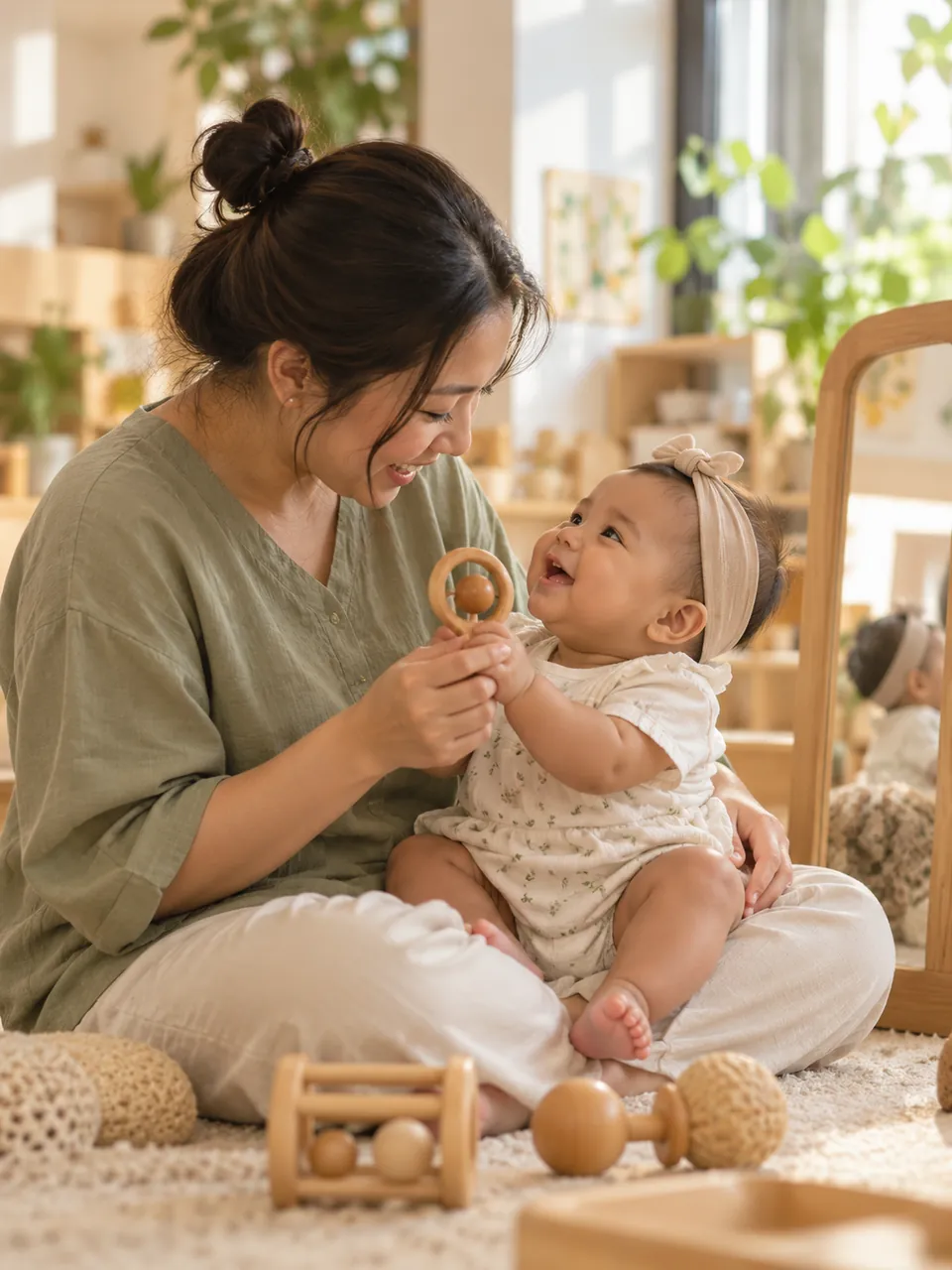 An educator holding a smiling baby on her lap