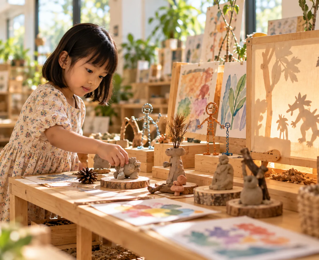 Children's clay and wire sculptures and paintings on display