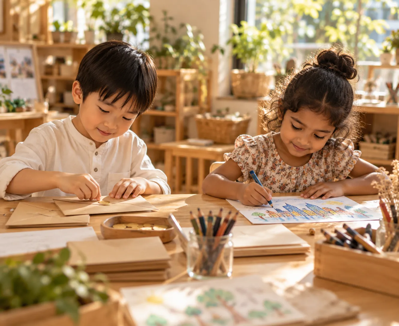 Two kindergarten children writing letters to their future selves