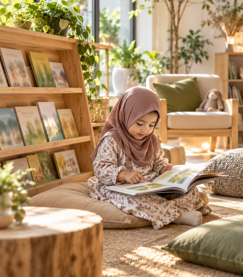 A child reading in the library corner