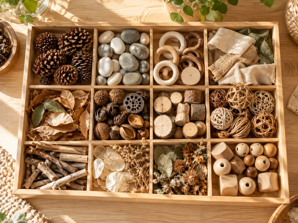 Open-ended natural materials in a wooden tray