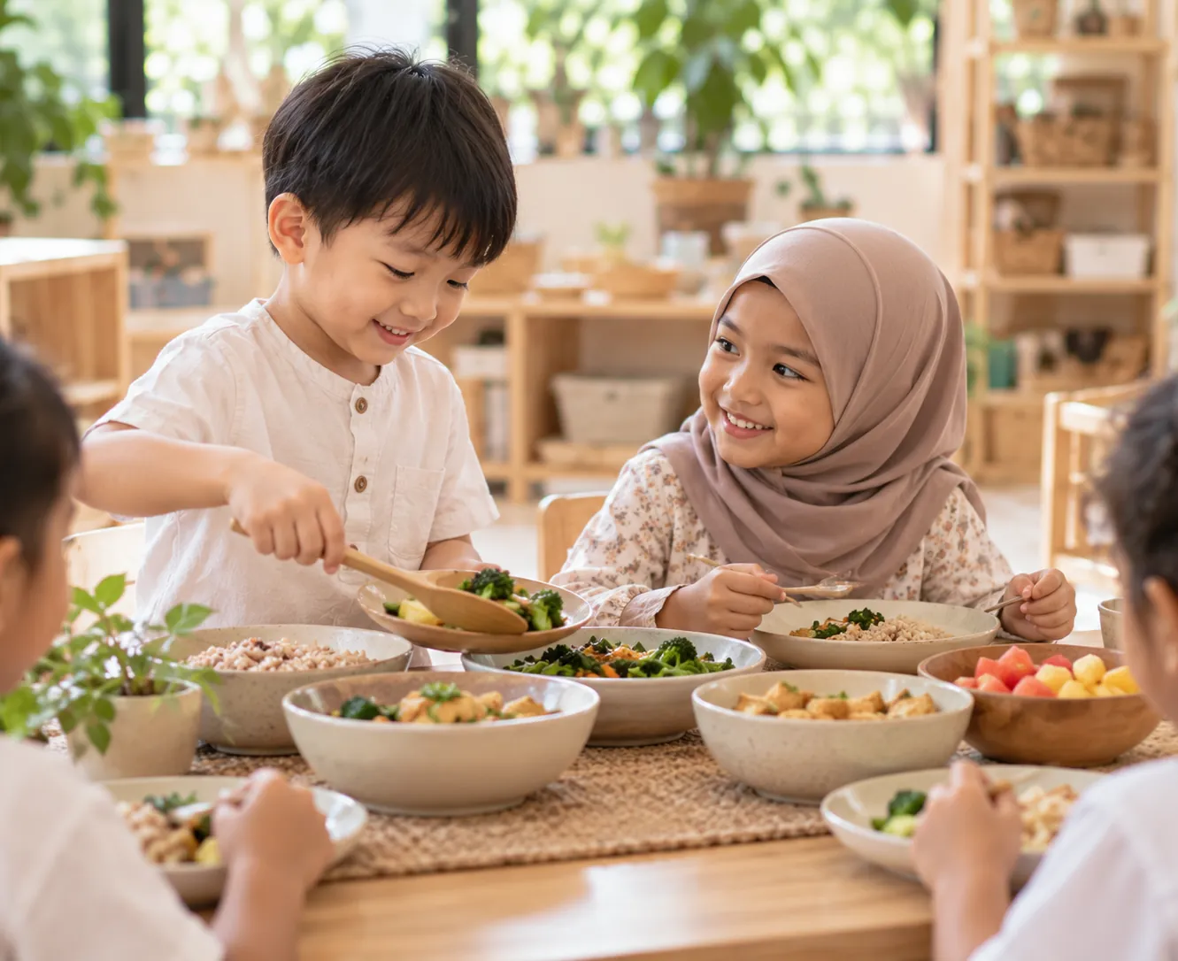 Children sharing a vegetarian lunch
