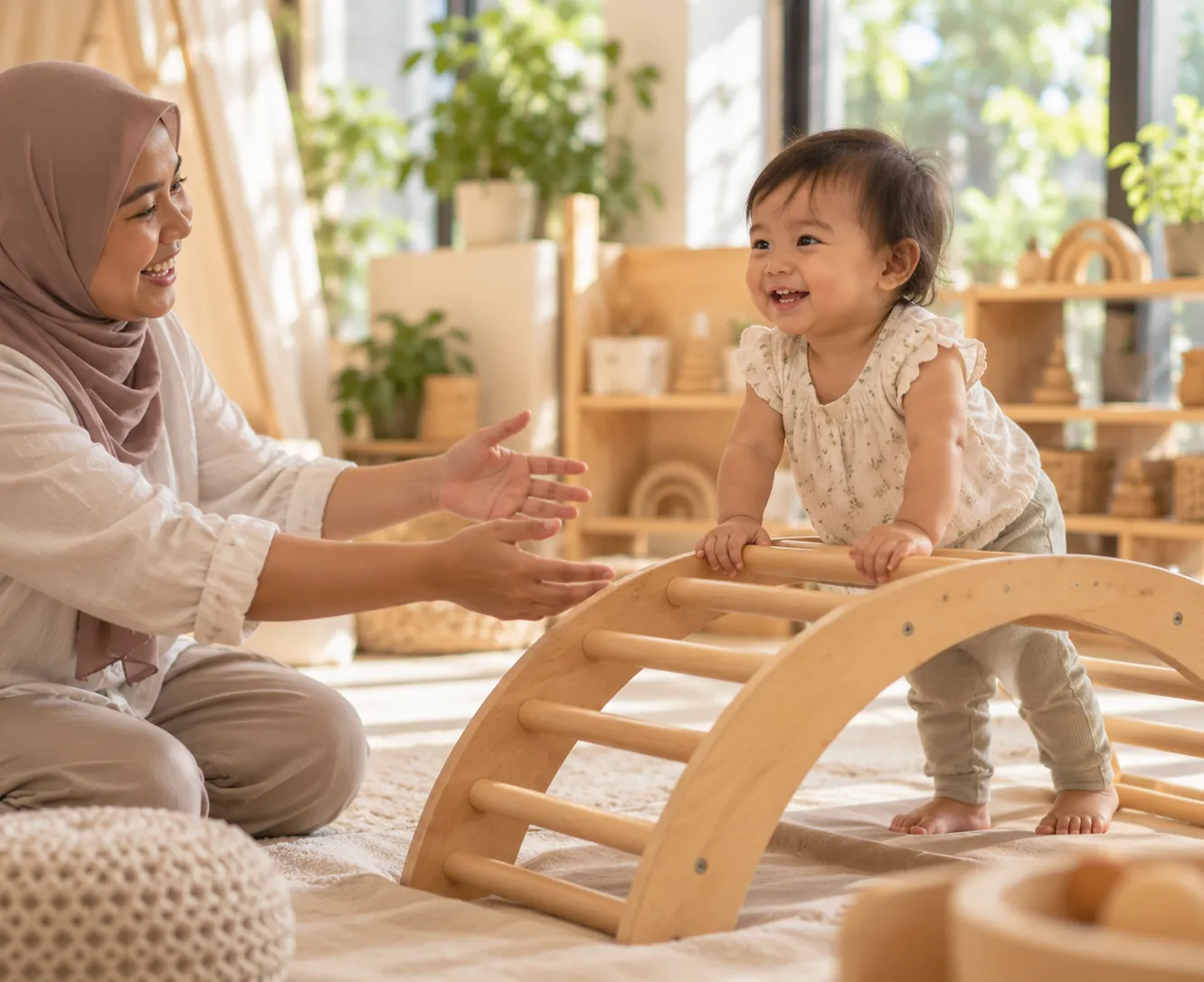 A toddler pulling up to stand on a low wooden frame, an educator nearby