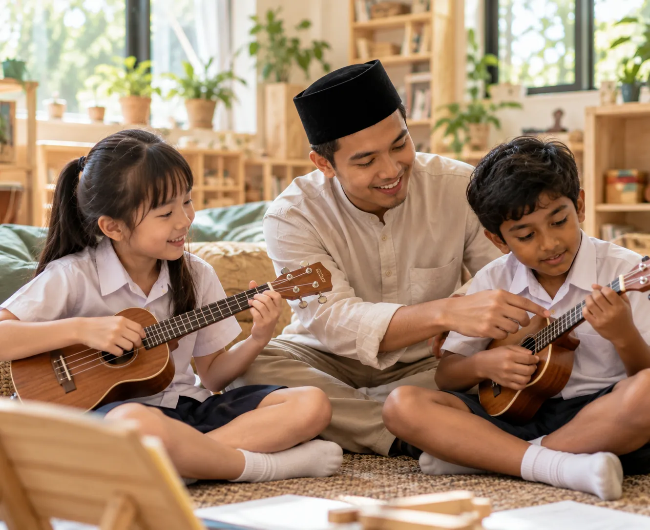 Two children learning the ukulele with an educator