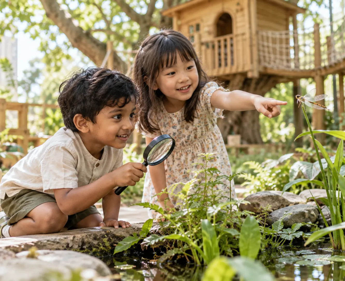 Two children investigating the garden pond with a magnifying glass