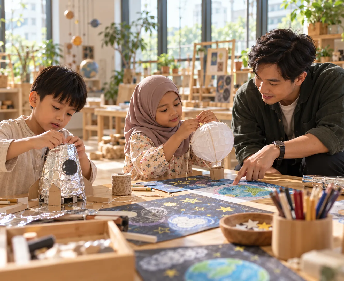Two children building a model space capsule with their educator