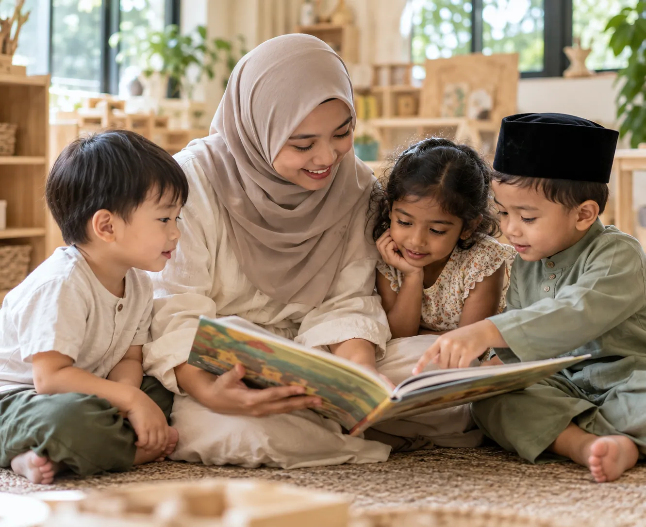 An educator reading a picture book to a small group of children
