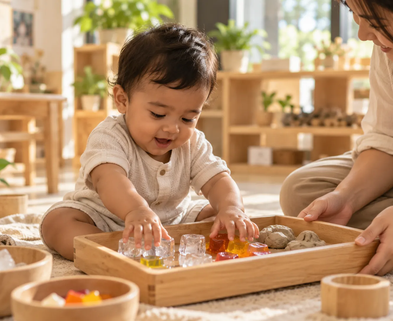 A baby exploring a tray of ice cubes, jelly and clay