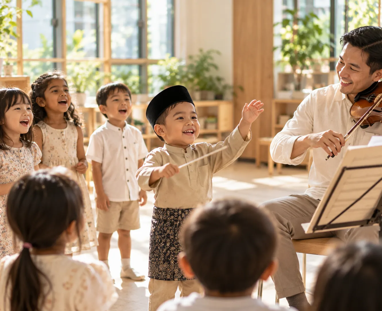 Children singing while a boy conducts beside a violinist
