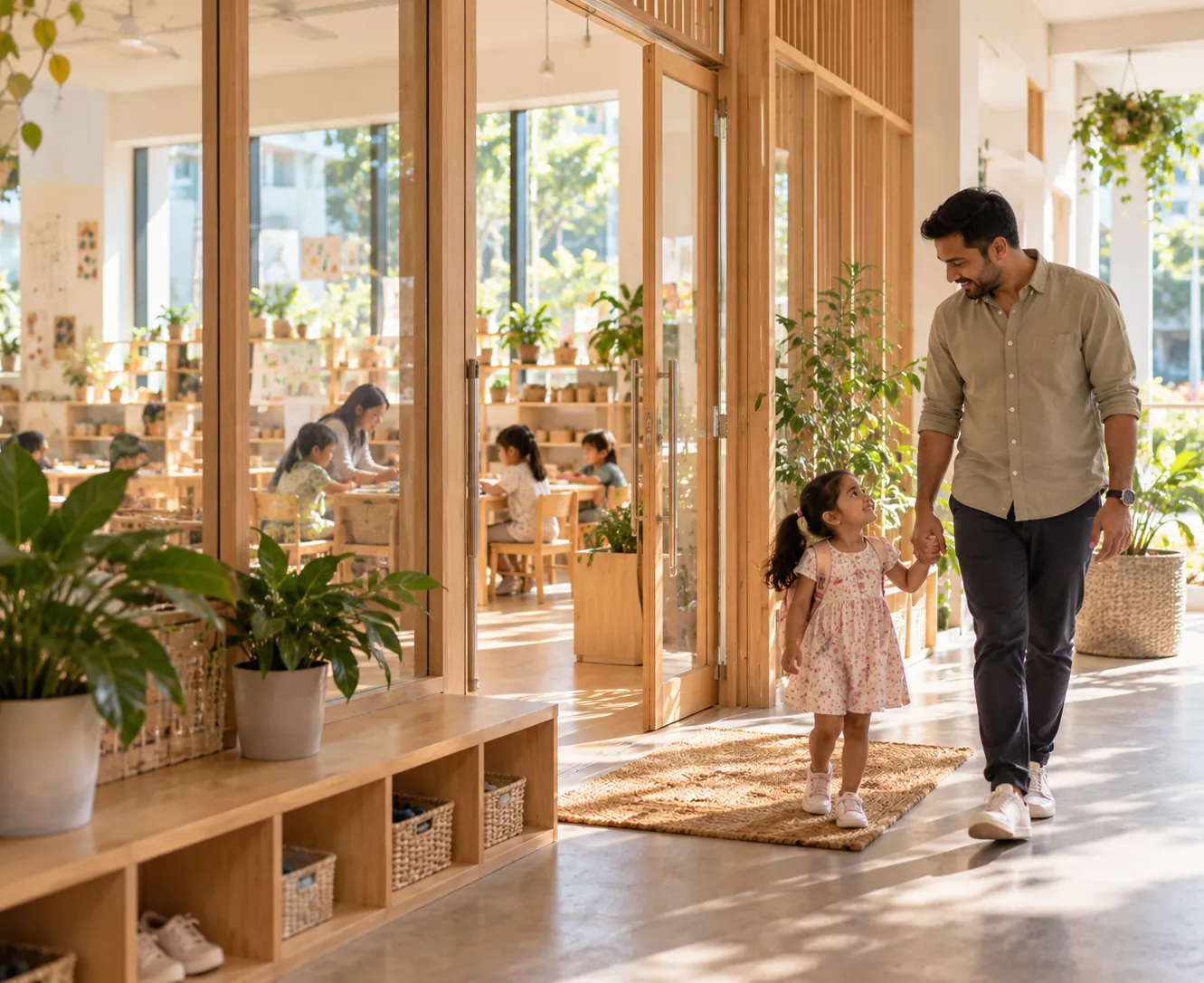 The entrance of the centre at an Ang Mo Kio housing block, a father walking in with his daughter