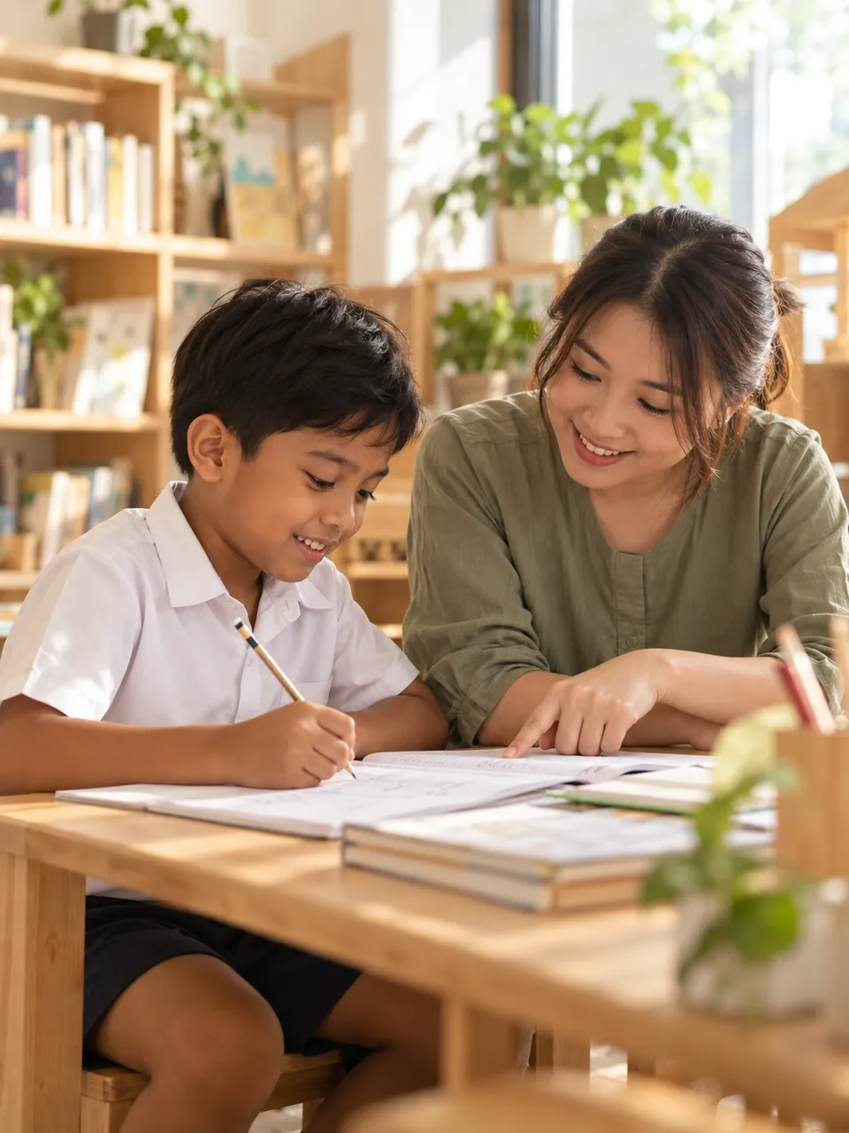 A primary school boy doing homework with an educator