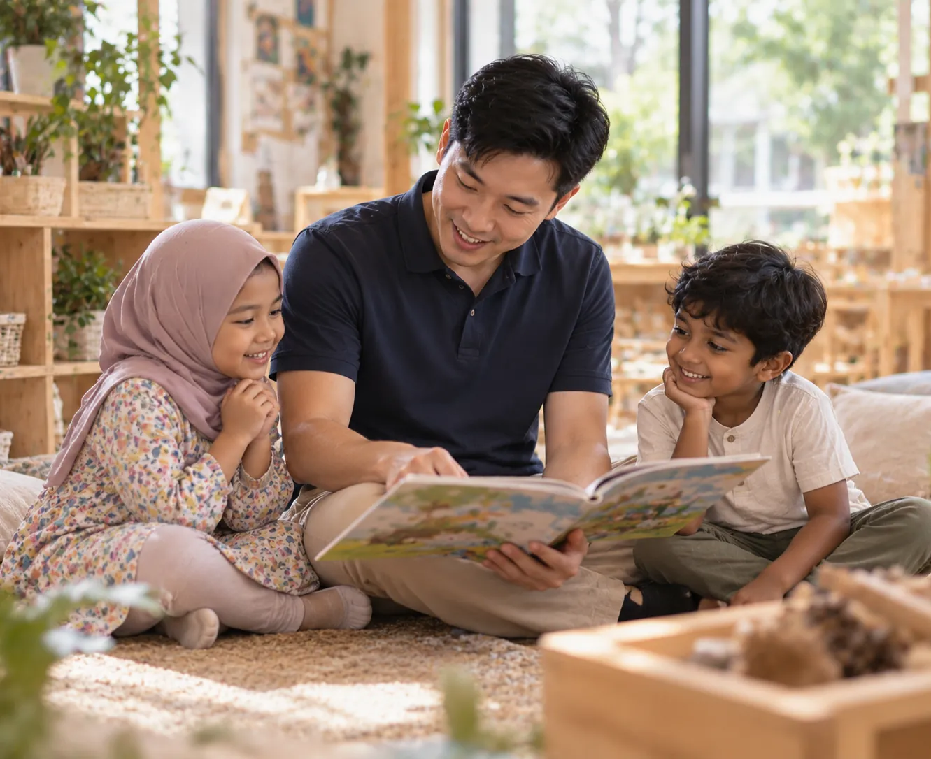 A volunteer reading a picture book to two children